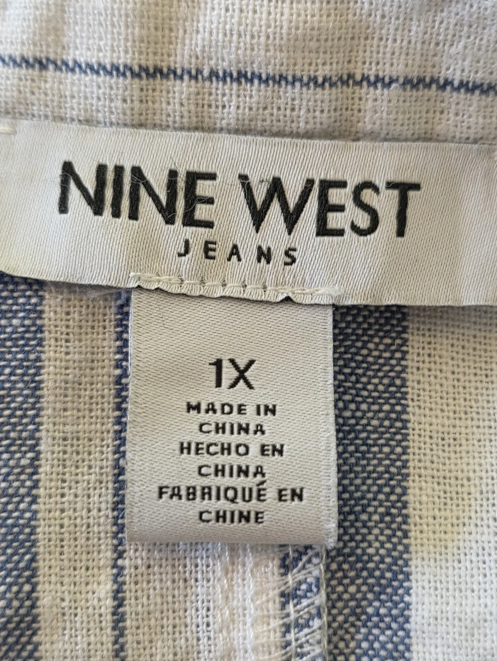Nine West Jeans Linen Blend Blue & White Stripe Button Down Shirt Size 1X